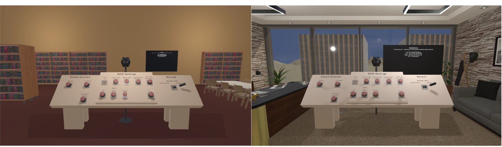 Two virtual rooms, each with a control table of dials in the middle