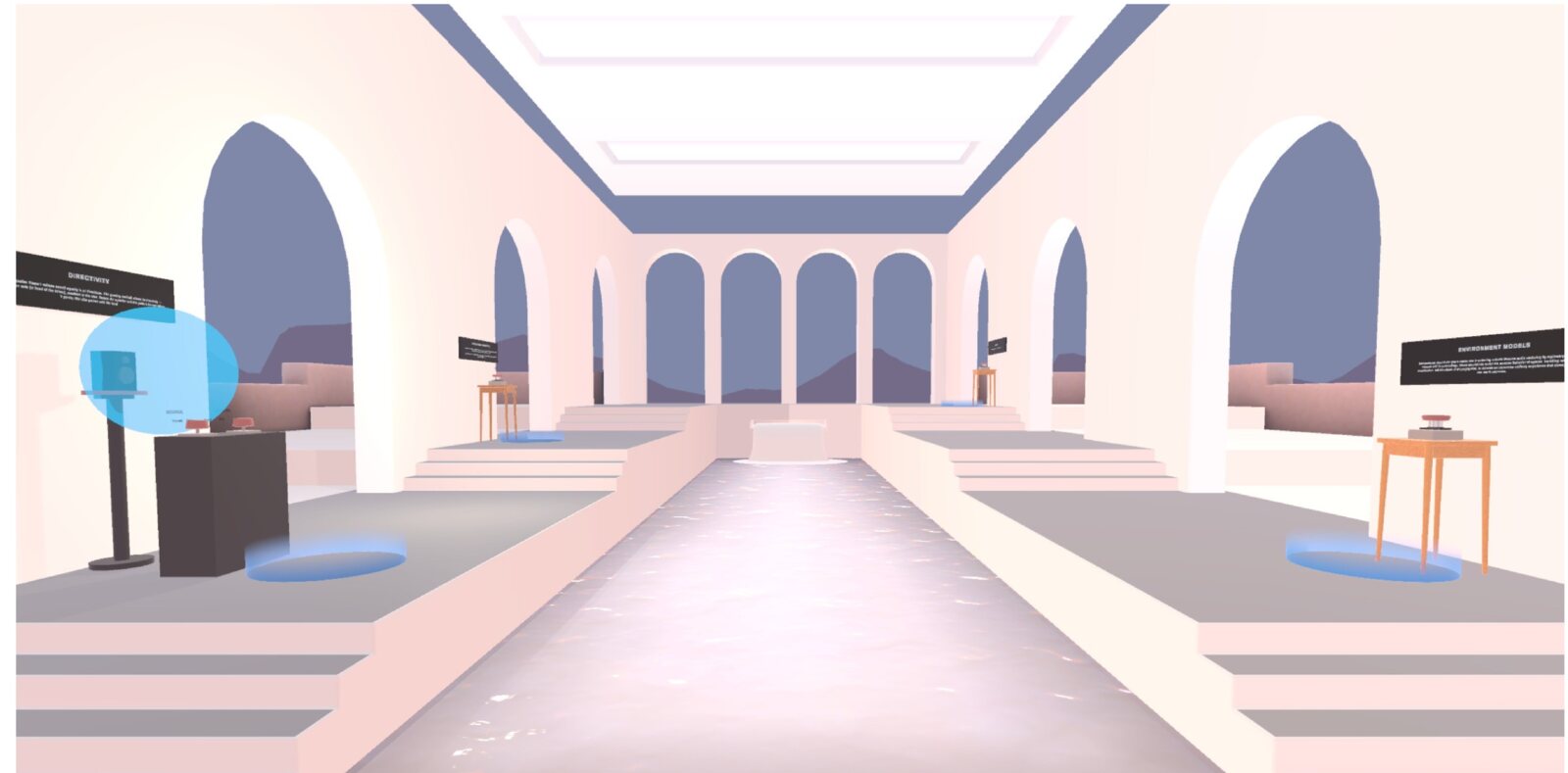 A stylised virtual gallery with archways, plinths and information panels